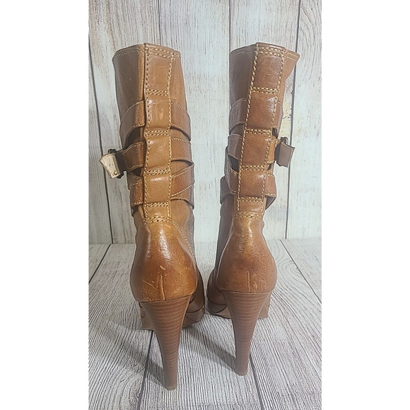 Frye Harlow Multi Strap Boots Women's 6.5 Pull On Tan Leather 4" Heel FLAWS - Picture 4 of 15